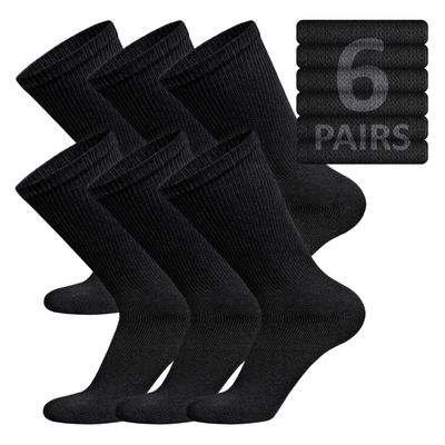 6 Pairs of Cotton Diabetic Non-Binding Neuropathy Crew Socks (Black, Fits Mens Shoe Size 12-14.5)