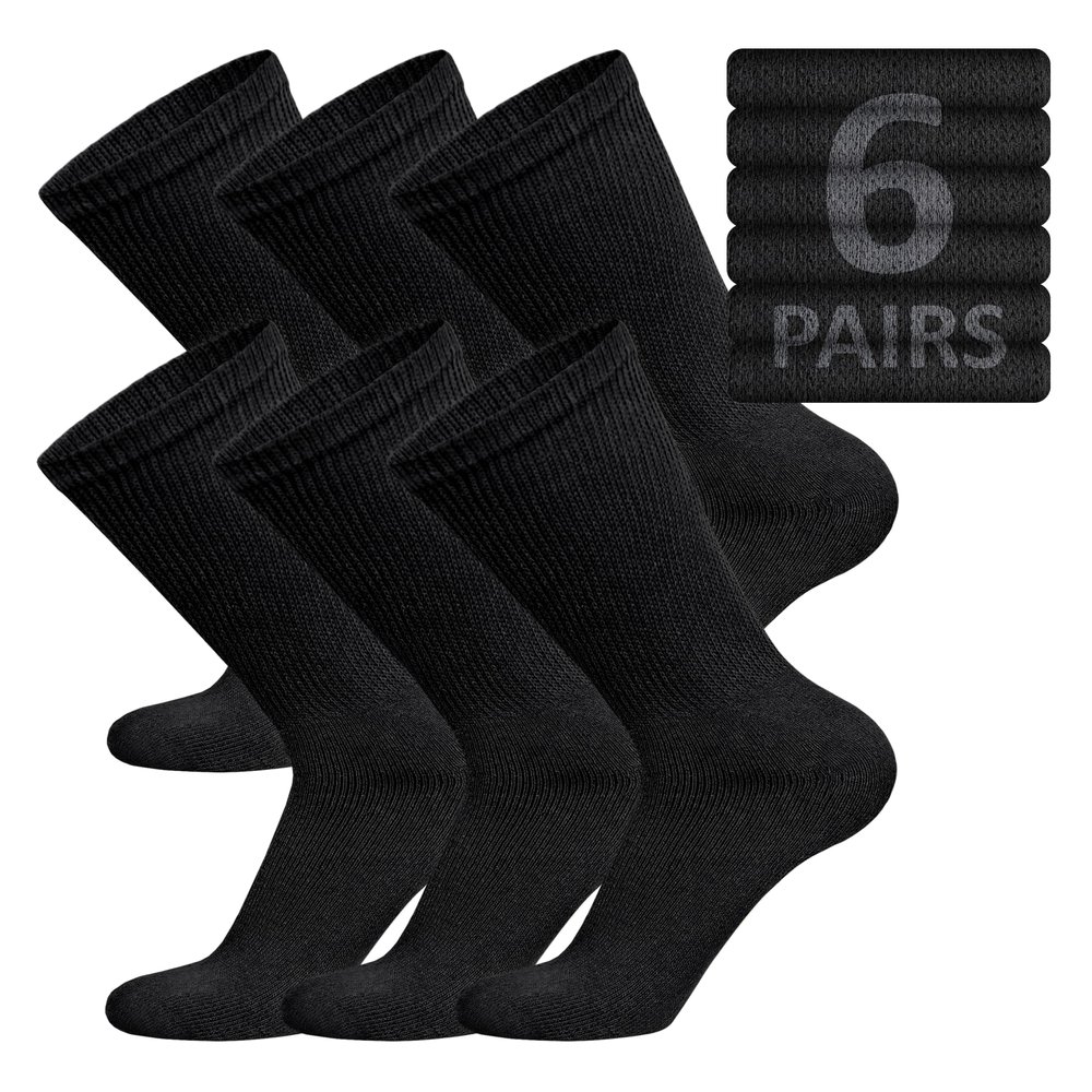 6 Pairs of Cotton Diabetic Non-Binding Neuropathy Crew Socks (Black, Fits Mens Shoe Size 12-14.5)
