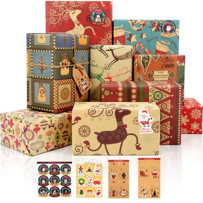 12 Sheets Christmas Wrapping Paper, Vintage Kraft Gift Wrapping Paper with Mixed Patterns for Christmas Holiday Party Decoration DIY Crafts, Recycled Xmas Wrap Paper with Stickers and Tags, 20x28inch