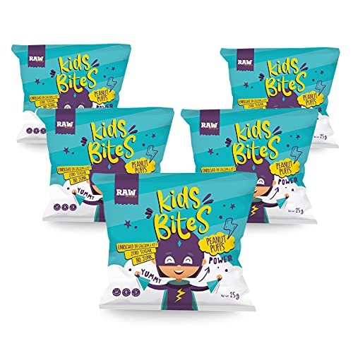 Raw Bites, Kids Bites - Peanut Butter Puffs, 10 X 25 Gr (10x0.9oz), Healthy Protein Puffs, Protein Snack, Fresh & Crunchy, Boosting Energy Enhancing Muscle Growth & Maintenance, Gluten Free, No Junk