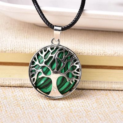 1PC Simple Natural Crystal Tree of Life Pendant Crystal Quartz Colourful Mineral Jewelry for Men Women Necklace DIY Gift-Malachite