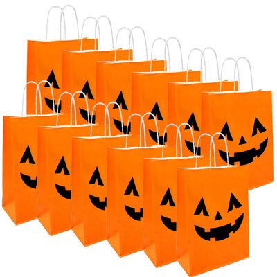 12 Pieces Halloween Pumpkin Gift Bags Trick or Treat Kraft Paper Candy Goodie Bags with Handle for Halloween Party Favors Supplies