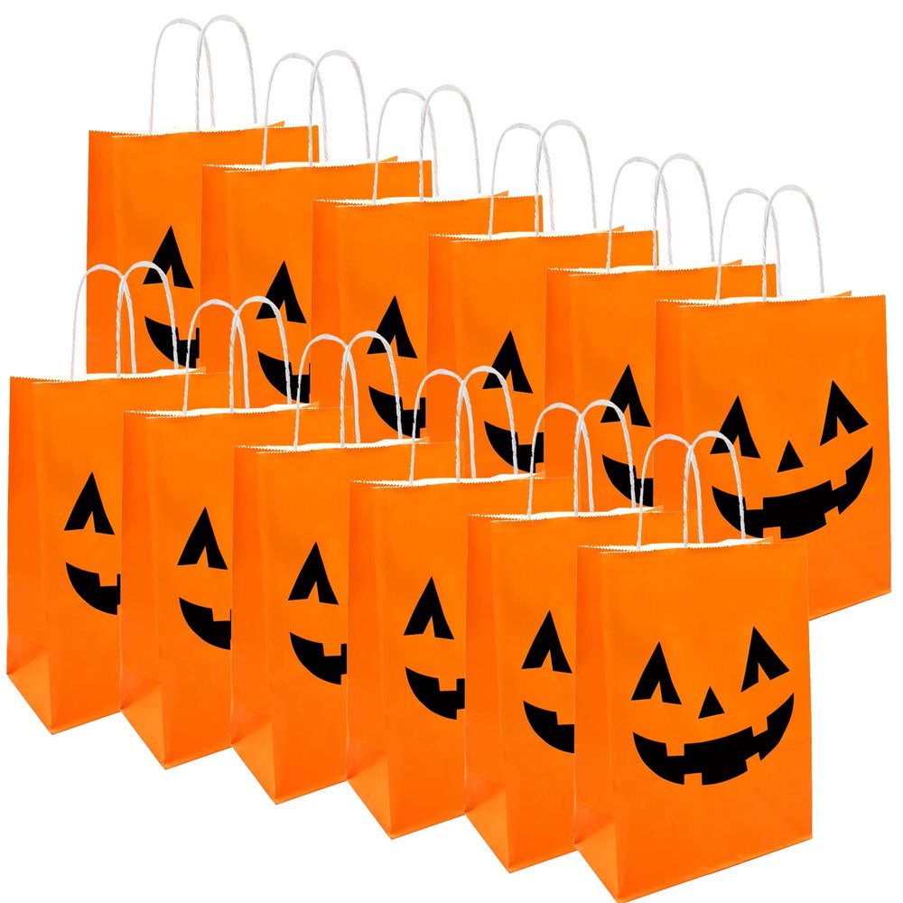 12 Pieces Halloween Pumpkin Gift Bags Trick or Treat Kraft Paper Candy Goodie Bags with Handle for Halloween Party Favors Supplies