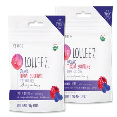 Lolleez Organic Lollipops for Sore Throat Relief Perfect for Soothing A Sore Throat While Tasting Great Mixed Berry with Elderberry, 2-Pack (15-Count Bags, 30 Total)