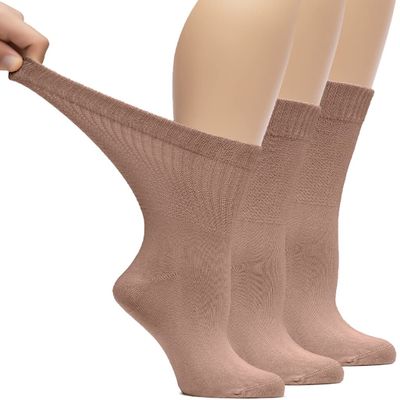 Hugh Ugoli Women's Rayon Loose Fit Diabetic Crew Socks, Seamless Toe & Non-Binding Top for Swollen Feet, Soft, Extra Wide and Stretchy, 3 Pairs, Milk Coffee, Shoe Size: 6-9