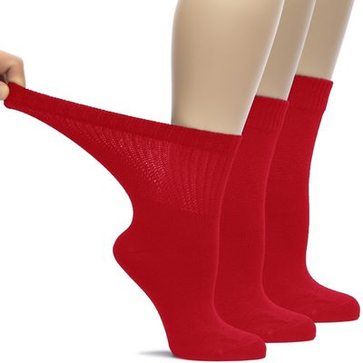 Hugh Ugoli Women's Rayon Loose Fit Diabetic Crew Socks, Seamless Toe & Non-Binding Top for Swollen Feet, Soft, Extra Wide and Stretchy, 3 Pairs, Red, Shoe Size: 10-12