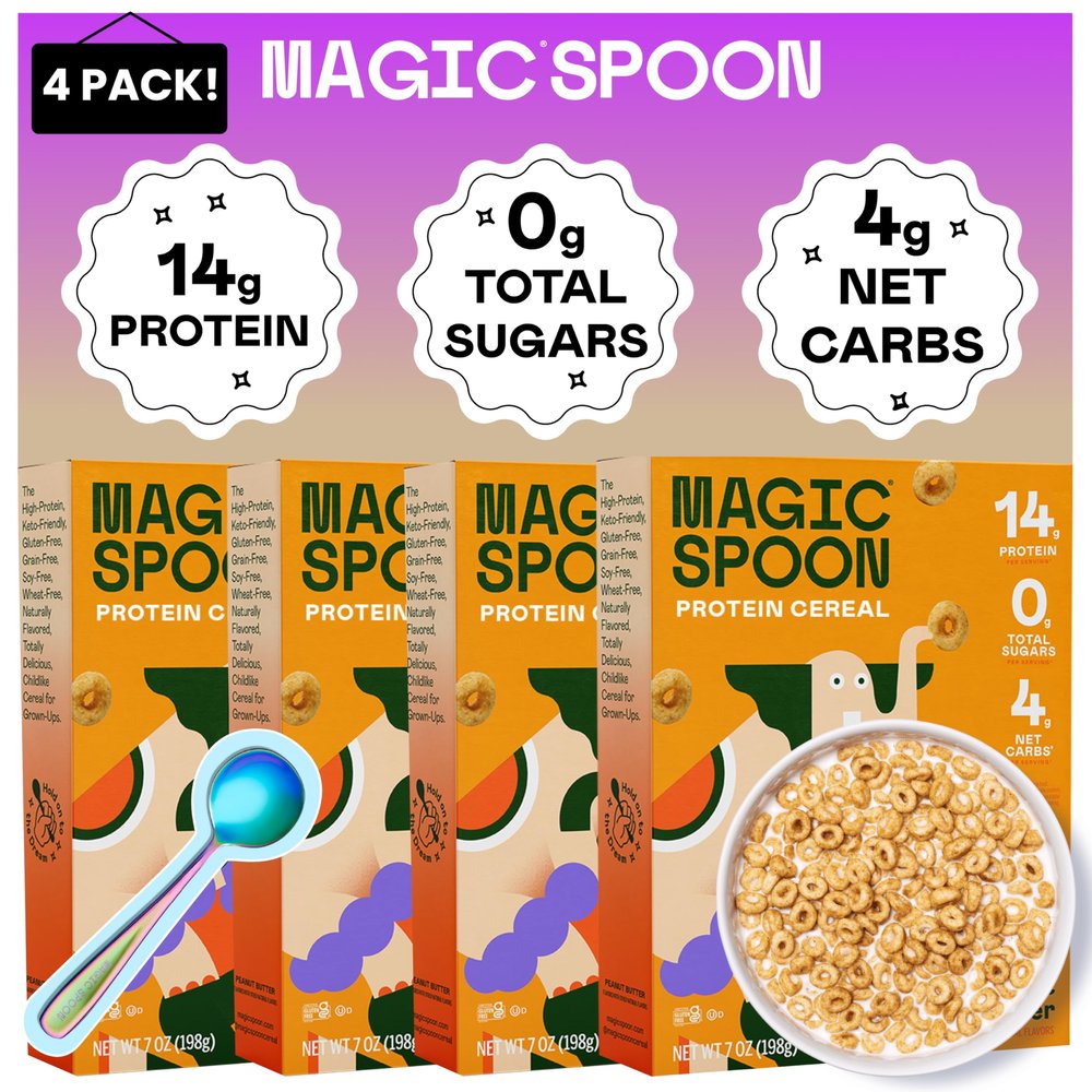 Magic Spoon Cereal - High Protein Cereals - Sugar Free Snacks & Breakfast Food - Grain & Gluten Free Cereal - Healthy Snacks for Kids & Adults - Low Carb & Keto Friendly - 4 Pack, Peanut Butter