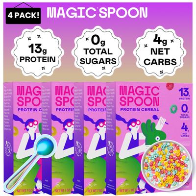Magic Spoon Cereal - High Protein Cereals - Sugar Free Snacks & Breakfast Food - Grain & Gluten Free Cereal - Healthy Snacks for Kids & Adults - Low Carb & Keto Friendly - 4 Pack, Fruity