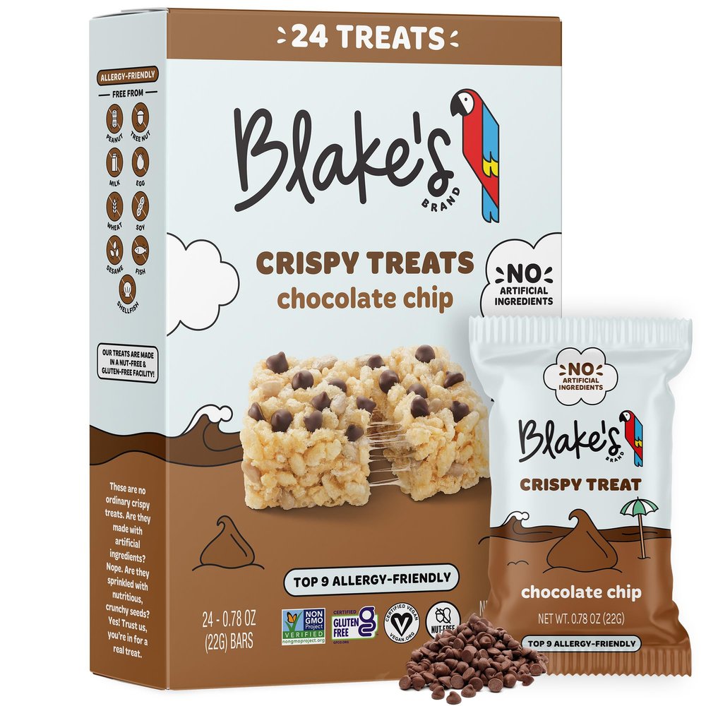 Blakes Seed Based Crispy Treats  Chocolate Chip (24 Count), Nut Free, Gluten Free, Dairy Free & Vegan, Healthy Snacks for Kids or Adults, School Safe, Low Calorie Soy Free Snack