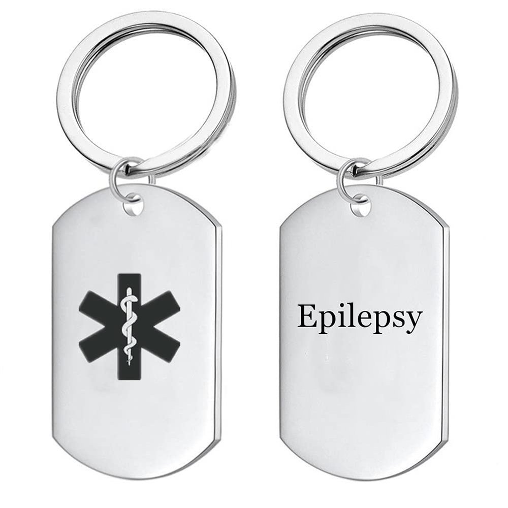 KBNSUIAN Customized ID Medical Alert Epilepsy Awareness Keychain Personalized Medic Alarm Namplate Key Tag Disease Allergy Identification Reminder for Men Women,with Aid Bag