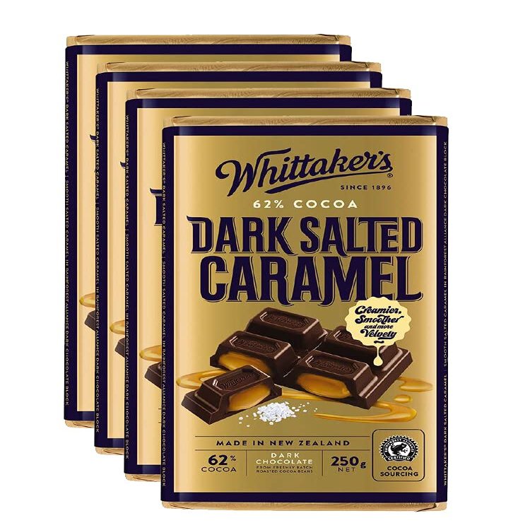 Whittaker's Dark Salted Caramel Chocolate Block (Pack of 4) Made in New Zealand
