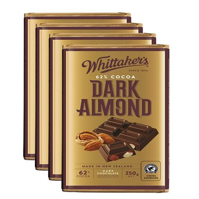 Whittaker's Dark Almond Chocolate Block 250g (Pack of 4) Made in New Zealand