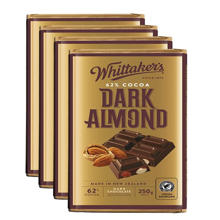 Whittaker's Dark Almond Chocolate Block 250g (Pack of 4) Made in New Zealand