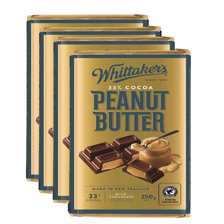 Whittaker's Peanut Butter Chocolate Block 250g (Pack of 4) Made in New Zealand