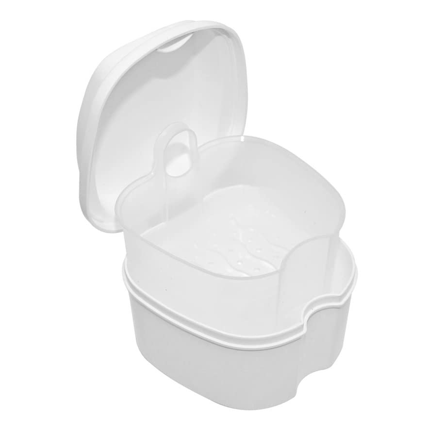 Genco Dental Denture Case, Denture Box with Strainer, Night Cleaner Denture Bath Box for Retainer, Mouthguard, False Teeth, and Denture Cleaning (White)
