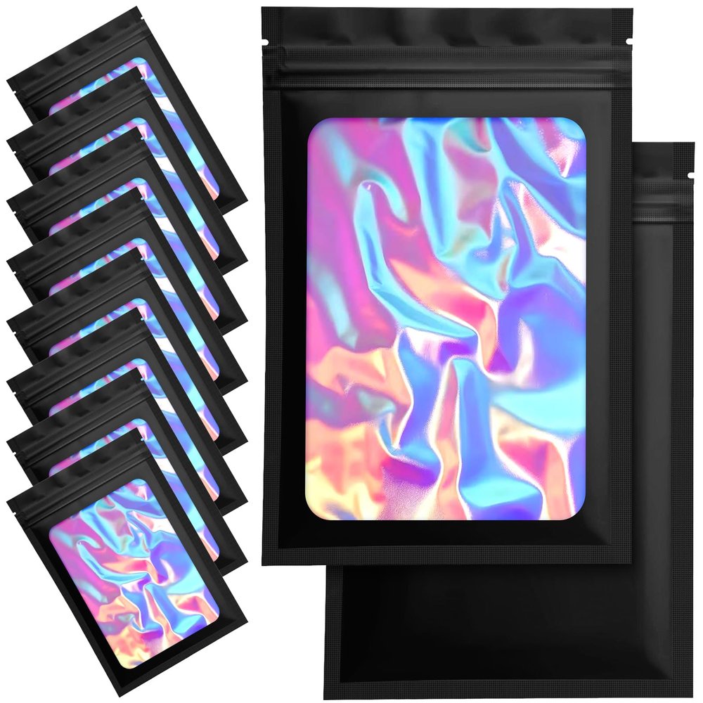 100 Pack Mylar Bags - 5.5 x 7.8 Inch Resealable Smell Proof Bags Foil Pouch Flat Bag with Front Window Black