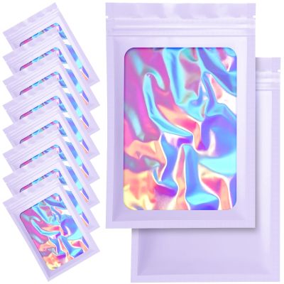 100 Pack Mylar Bags - 5.5 x 7.8 Inch Resealable Smell Proof Bags Foil Pouch Flat Bag with Front Window Purple