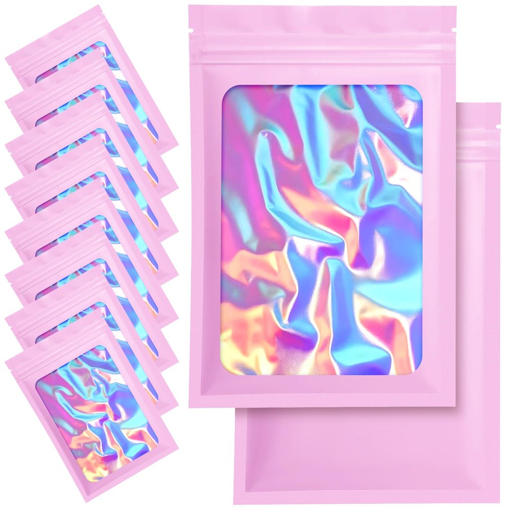 100 Pack Mylar Bags - 2.8 x 4 Inch Resealable Smell Proof Bags Foil Pouch Flat Bag with Front Window Pink