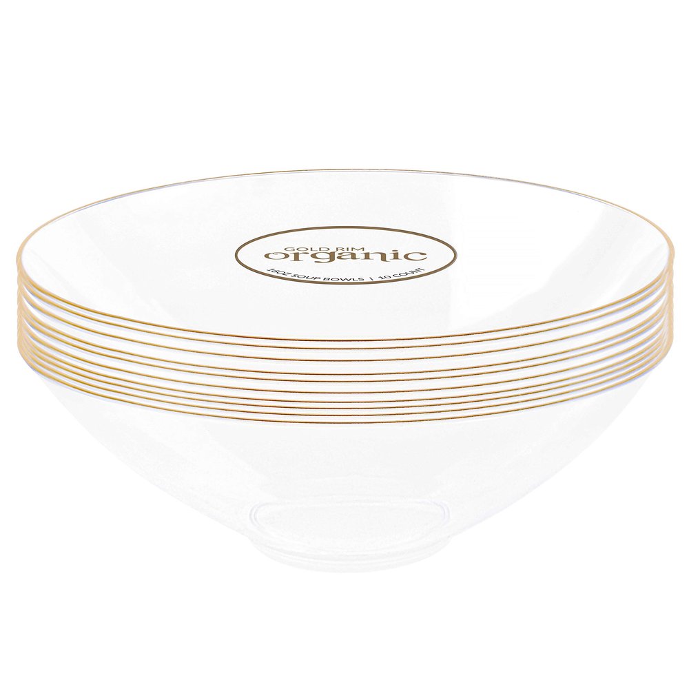 [16 OZ 40 Count] Clear Plastic Organic Design Party Soup bowls With Gold Rim Premium heavyweight Elegant Disposable Tableware Dishes