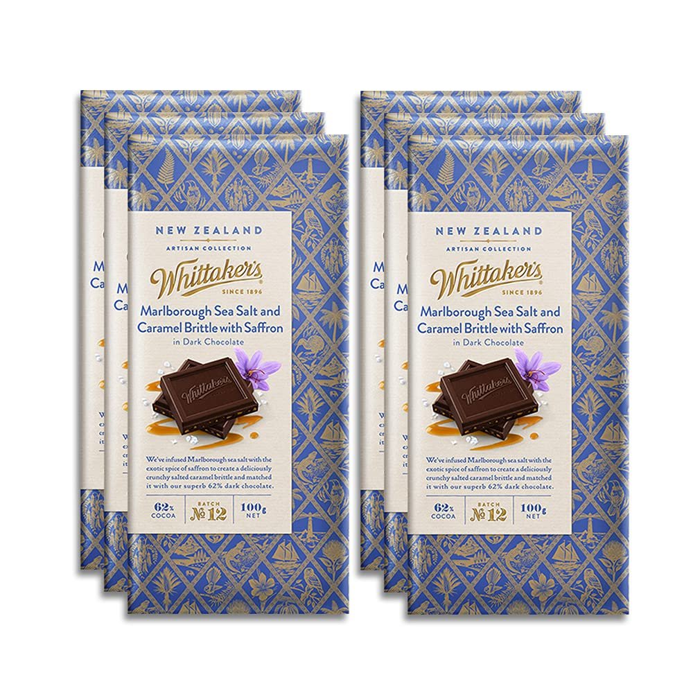 Whittaker's Marlborough Sea Salt and Caramel Brittle with Saffron Chocolate 100g (Pack of 6) Made in New Zealand