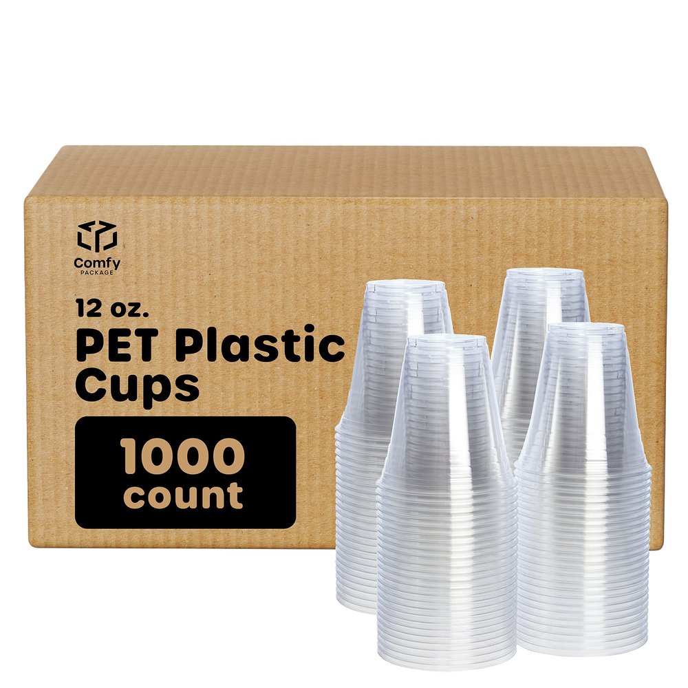 Comfy Package [Case of 1,000 12 oz. Crystal PET Clear Plastic Cups for Party - Ideal for Cold Beverages, Smoothies, and Parties