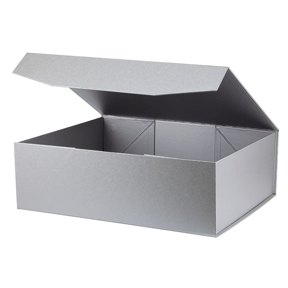 OBMMIRAO Upgrade 3Pcs Silver Grey Extra Large Gift Box with Lid for Presents,16.5 x13 x5 Inches, Hard Magnetic Wedding Dress Boxes Storage,Reusable Foldable Bridesmaid Proposal Box