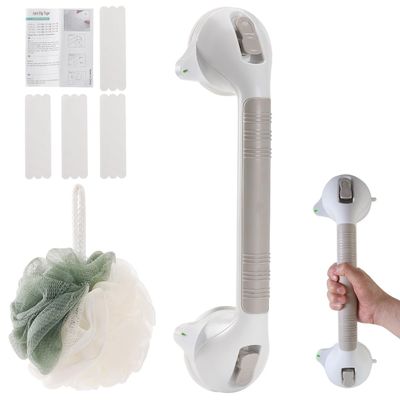 16 Inch Long Suction Grab Bar for Bathroom Indicator Light, Suction Shower Balance Assist Bar Support Rail Helping Handle for Tub Elderly Seniors Handicap Strong Suction Bathtub Grips Non Slip Sticker