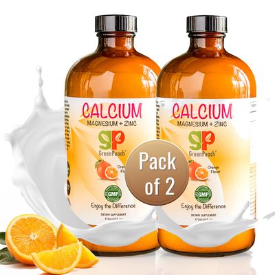 GreenPeach Liquid Calcium for Kids - Magnesium, D3 & Zinc Supplement - Calcium Citrate & Vitamin D3 Kids Calming Syrup - No Sugar No Artificial Flavors - Vegetarian Kosher (2-Pack)