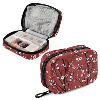 ZOEO Cherry Pill Cases Bag Red Floral Plum Vitamin Pill Box Organizers 7 Day Medicine Container Case Supplement Holder