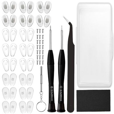 18 Pairs Eyeglass Nose Pads, Eyeglasses Repair Kit with Screwdrivers, Nose Pads, Screws, Tweezer, Cleaning Cloth for Glasses, Glasses and Sunglass Nose Pad Replacement