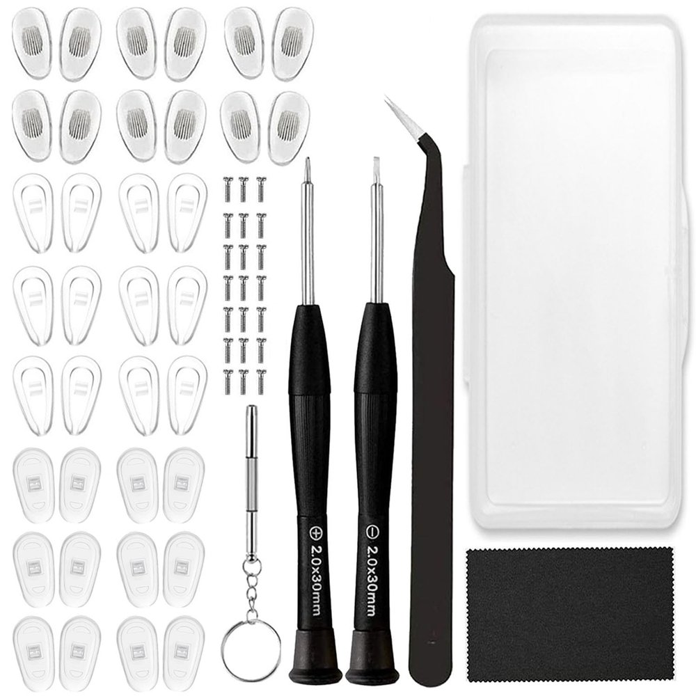 18 Pairs Eyeglass Nose Pads, Eyeglasses Repair Kit with Screwdrivers, Nose Pads, Screws, Tweezer, Cleaning Cloth for Glasses, Glasses and Sunglass Nose Pad Replacement