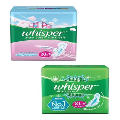 Whisper Ultra Soft Air Fresh With Airy Freshness XL+ & Ultra Clean No.1 Hygienic Protection XL+ 2X15 Pads Sanitary Pad