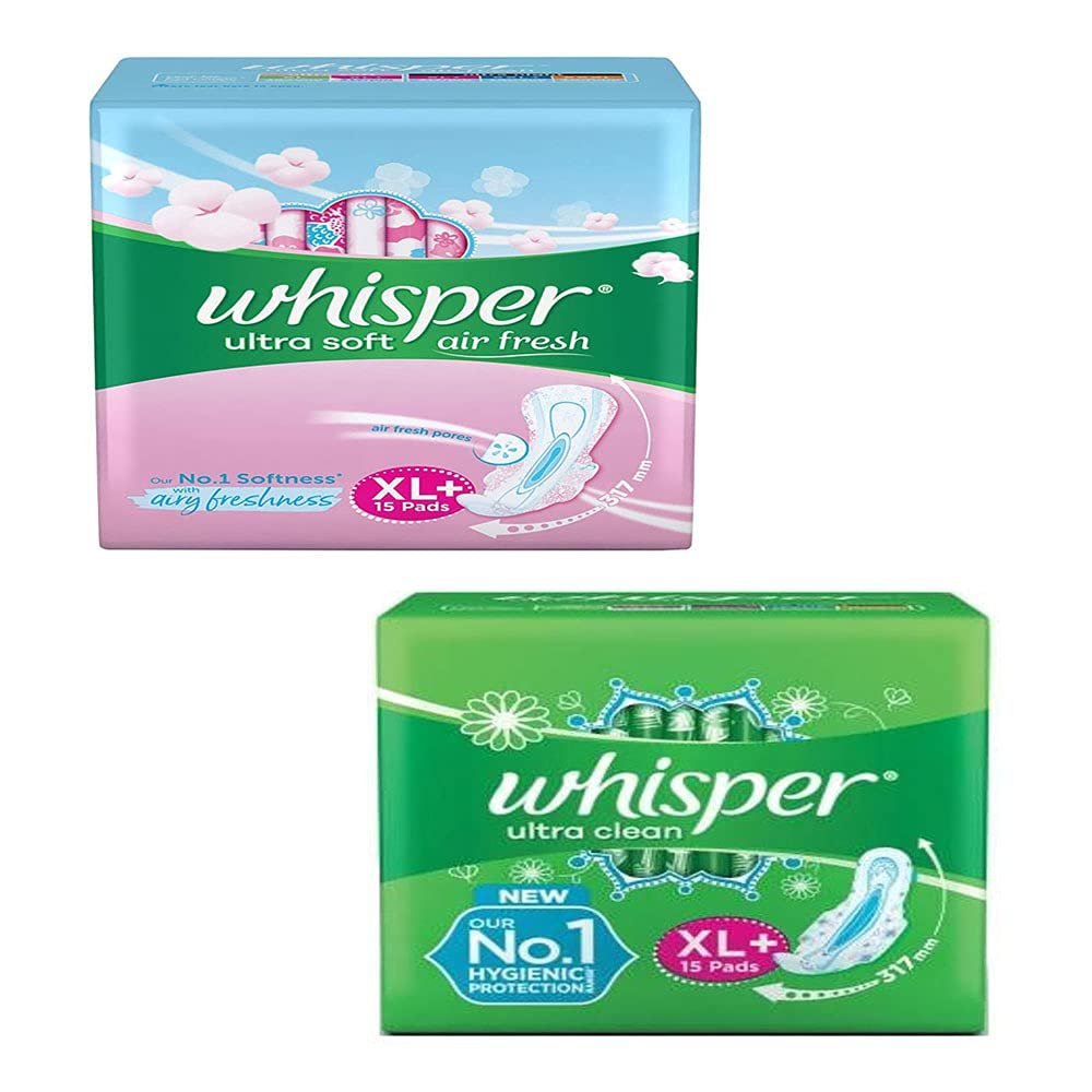 Whisper Ultra Soft Air Fresh With Airy Freshness XL+ & Ultra Clean No.1 Hygienic Protection XL+ 2X15 Pads Sanitary Pad