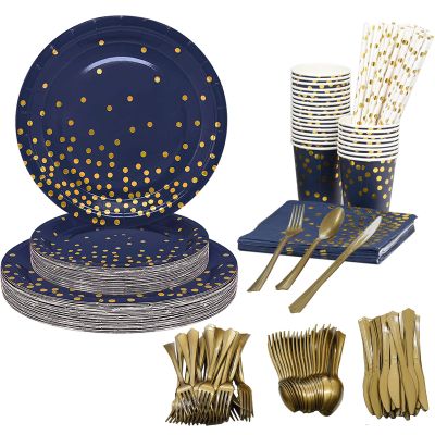 160PCS Disposable Cutlery Set for 20 Guests Blue and Gold Party Cutlery Set Includes Dinner Plate Salad Plate Napkin Cup Knife Fork Spoon for Birthday Party Wedding