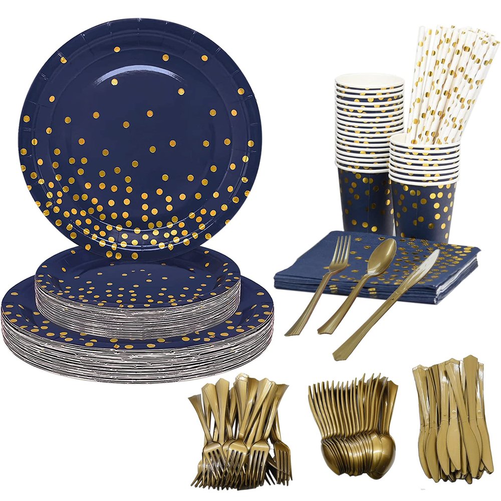 160PCS Disposable Cutlery Set for 20 Guests Blue and Gold Party Cutlery Set Includes Dinner Plate Salad Plate Napkin Cup Knife Fork Spoon for Birthday Party Wedding