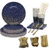 160PCS Disposable Cutlery Set for 20 Guests Blue and Gold Party Cutlery Set Includes Dinner Plate Salad Plate Napkin Cup Knife Fork Spoon for Birthday Party Wedding view 1