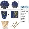 160PCS Disposable Cutlery Set for 20 Guests Blue and Gold Party Cutlery Set Includes Dinner Plate Salad Plate Napkin Cup Knife Fork Spoon for Birthday Party Wedding view 2
