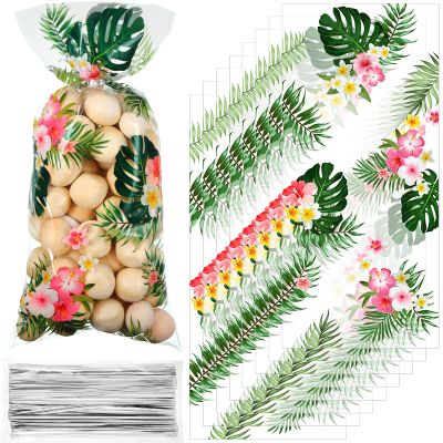Geyee 100 pcs Hawaiian Luau Cellophane Treat Bags, Summer Tropical Aloha Themed Candy Palm Leaves Hibiscus Goodie Bag With 100 Silver Twist Ties for Kids Birthday Party Favor, Clear, 10.8x5 in