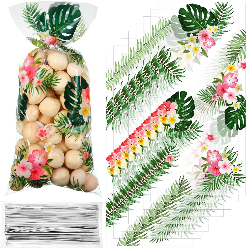 Geyee 100 pcs Hawaiian Luau Cellophane Treat Bags, Summer Tropical Aloha Themed Candy Palm Leaves Hibiscus Goodie Bag With 100 Silver Twist Ties for Kids Birthday Party Favor, Clear, 10.8x5 in