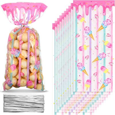 Geyee 100 Pieces Sweet Party Favors Ice Cream Treat Bags Plastic Candy Clear Cellophane Gift Bags with 100 Silver Twist Ties for Girls Kids Sweet Birthday Baby Shower Decorations Supplies