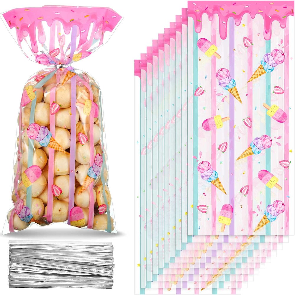 Geyee 100 Pieces Sweet Party Favors Ice Cream Treat Bags Plastic Candy Clear Cellophane Gift Bags with 100 Silver Twist Ties for Girls Kids Sweet Birthday Baby Shower Decorations Supplies