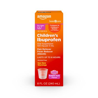Amazon Basic Care Children's Ibuprofen Oral Suspension 100 mg per 5 mL, Pain Reliever and Fever Reducer (NSAID), BubbleGum, For Minor Aches and Pains, Headache Relief and More, 8 fl oz (Pack of 1)
