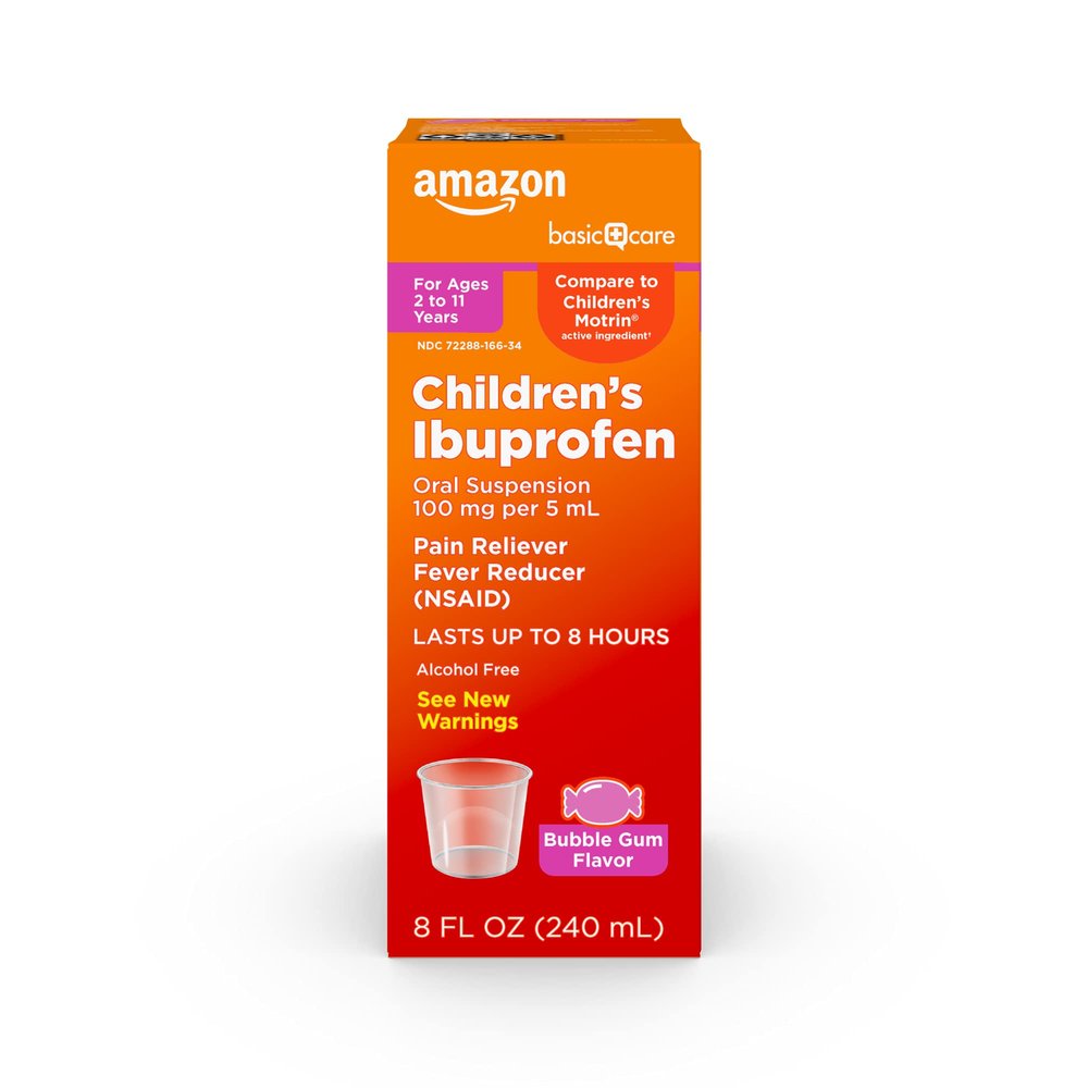Amazon Basic Care Children's Ibuprofen Oral Suspension 100 mg per 5 mL, Pain Reliever and Fever Reducer (NSAID), BubbleGum, For Minor Aches and Pains, Headache Relief and More, 8 fl oz (Pack of 1)
