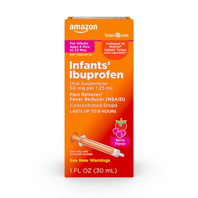 Amazon Basic Care Infants' Ibuprofen Oral Suspension Drops, 50 mg per 1.25 mL, Berry Flavor, For Minor Aches and Pains, Sore Throat, Headache Relief and More, 1 fl oz (Pack of 1)