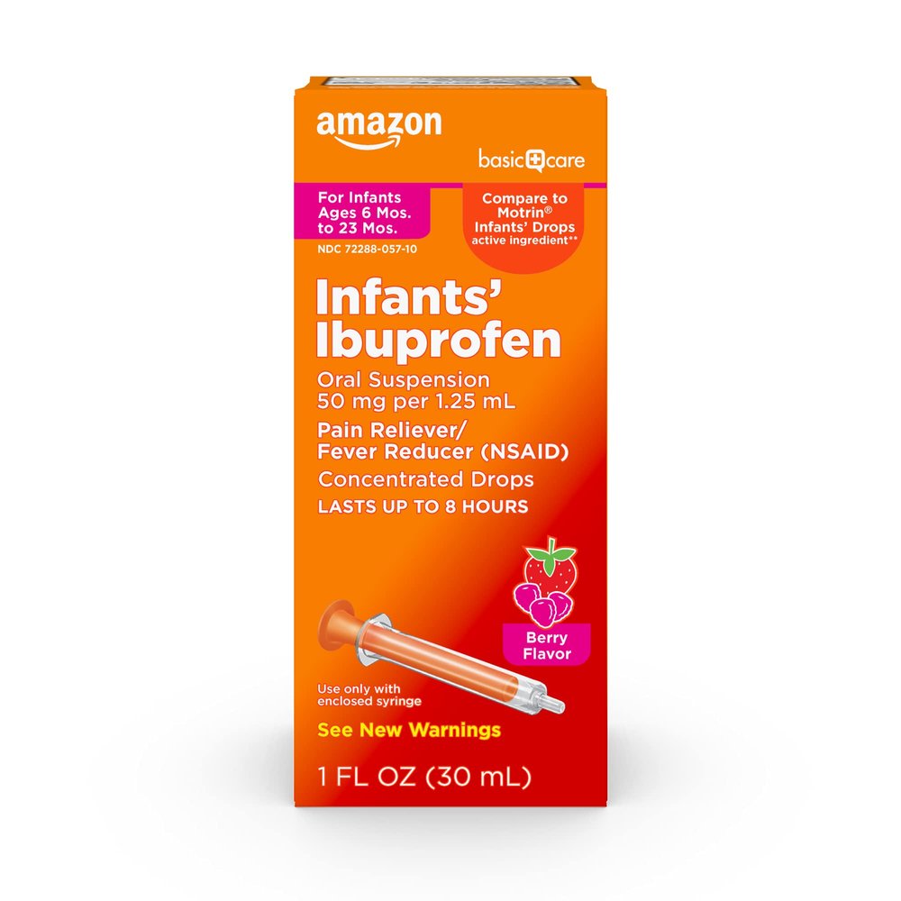 Amazon Basic Care Infants' Ibuprofen Oral Suspension Drops, 50 mg per 1.25 mL, Berry Flavor, For Minor Aches and Pains, Sore Throat, Headache Relief and More, 1 fl oz (Pack of 1)