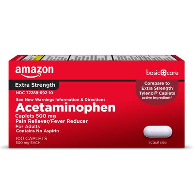 Amazon Basic Care Extra Strength Pain Relief, Acetaminophen Caplets, 500 mg, Pain Reliever/Fever Reducer, 100 Count (Packaging may vary)