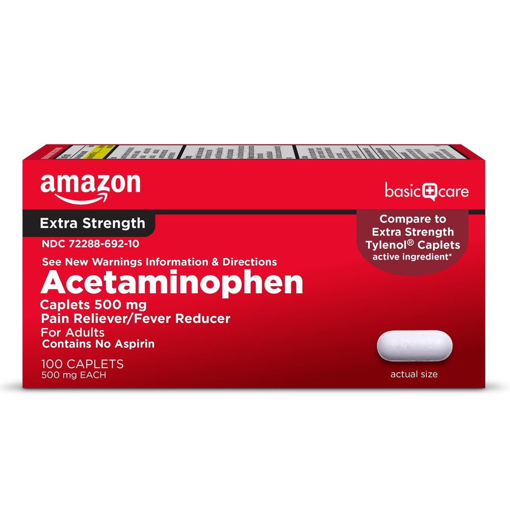 Amazon Basic Care Extra Strength Pain Relief, Acetaminophen Caplets, 500 mg, Pain Reliever/Fever Reducer, 100 Count (Packaging may vary)