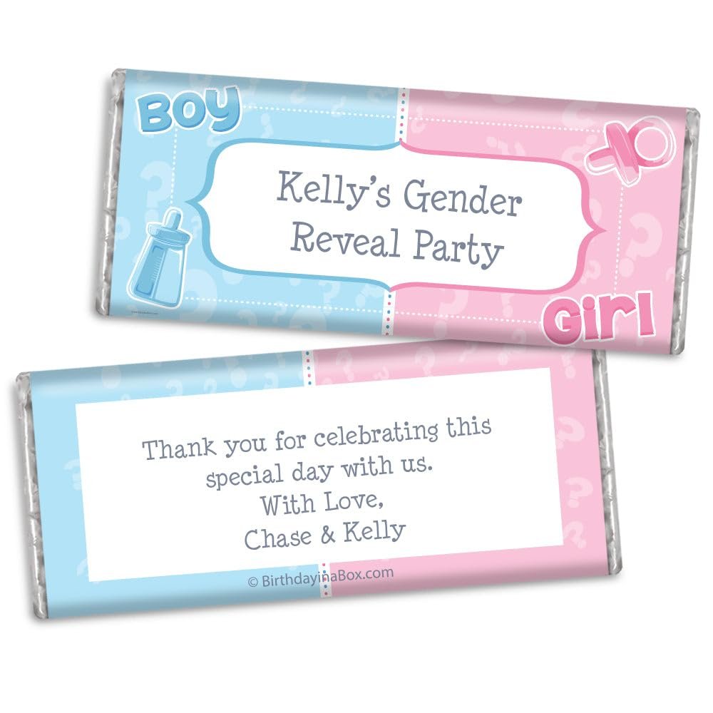 25ct Gender Reveal Party Supplies Personalized Wrappers for Chocolate Bars (25 Pack) - Boy or Girl