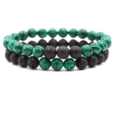 2Pcs Matte Lava Rock Volcanic Stone Beads Stretch Bracelet Stacking Essential Oil Diffuser Tiger Eye Seed Bracelet for Men Women Couple Stress Relief Aromatherapy Jewelry-A green