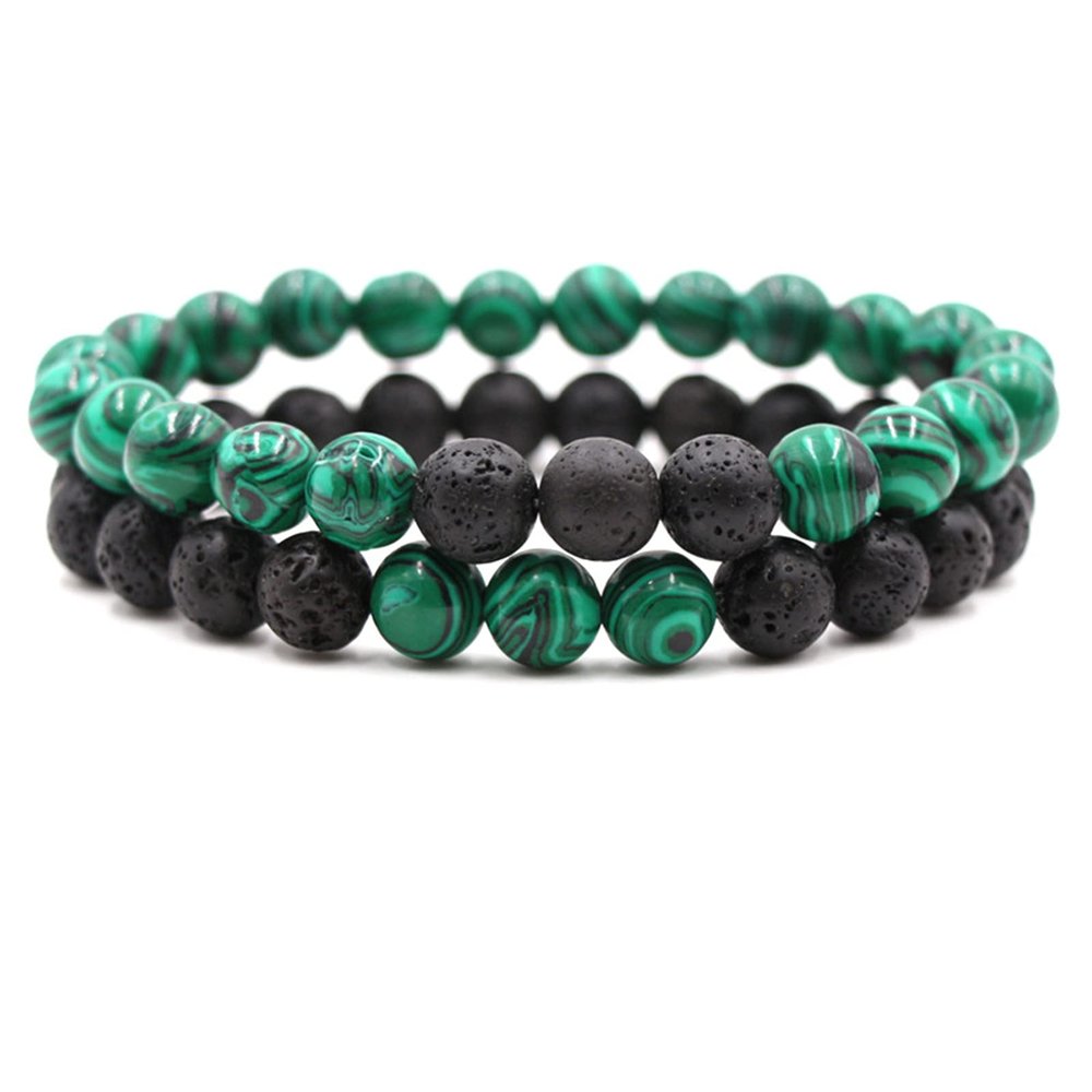 2Pcs Matte Lava Rock Volcanic Stone Beads Stretch Bracelet Stacking Essential Oil Diffuser Tiger Eye Seed Bracelet for Men Women Couple Stress Relief Aromatherapy Jewelry-A green
